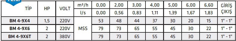 İmpo BM 4-9X6T 2 HP 380 V Yatık Milli Çok Kademeli Pompa