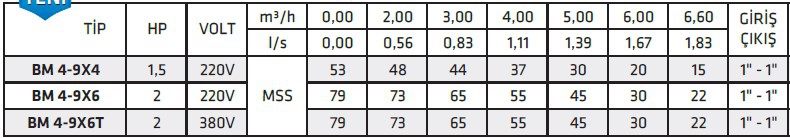 İmpo BM 4-9X6T 2 HP 380 V Yatık Milli Çok Kademeli Pompa