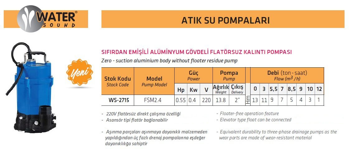 Water Sound FSM2.4 0,55 HP 220 V Sıfırdan Emişli Flatörsüz Kalıntı Pompası