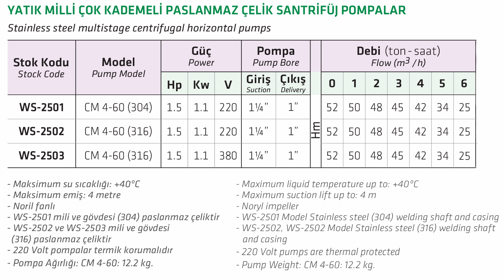 Water Sound CM 4-60 1.5 HP  (304) Yatık Milli Çok Kademeli Paslanmaz Çelik Santrifüj Pompa