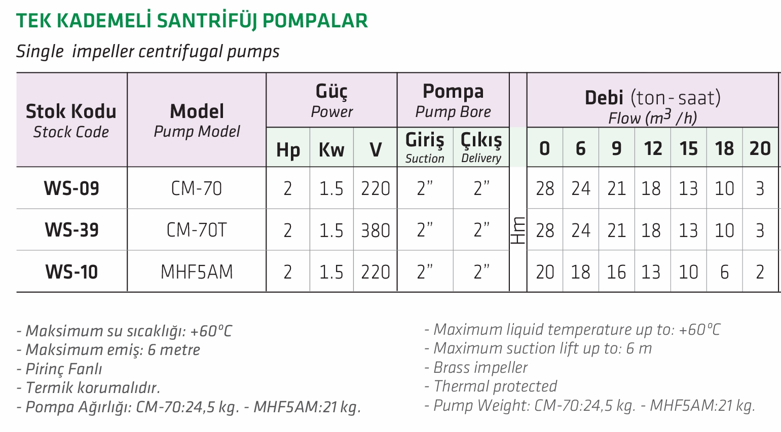 Water Sound CM-70T 2 HP Tek Kademeli Santrifüj Pompa