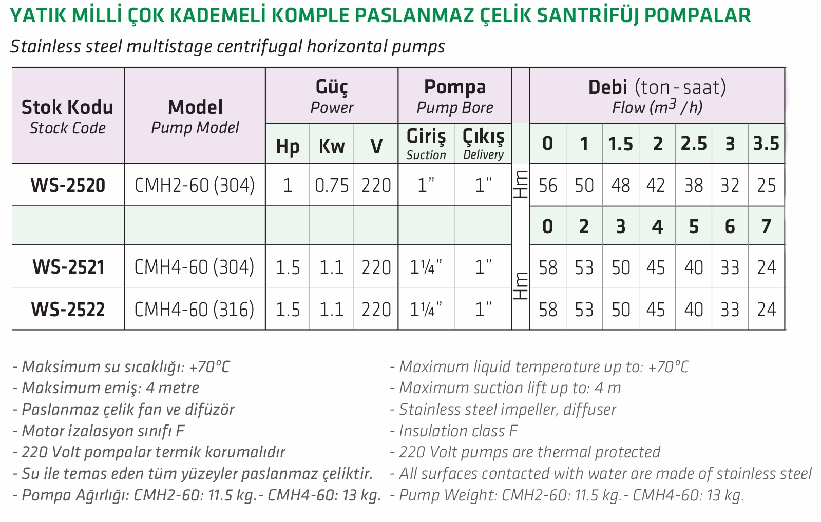 Water Sound CMH2-60 1 HP (304) Yatık Milli Çok Kademeli Komple Paslanmaz Çelik Santrifüj Pompa