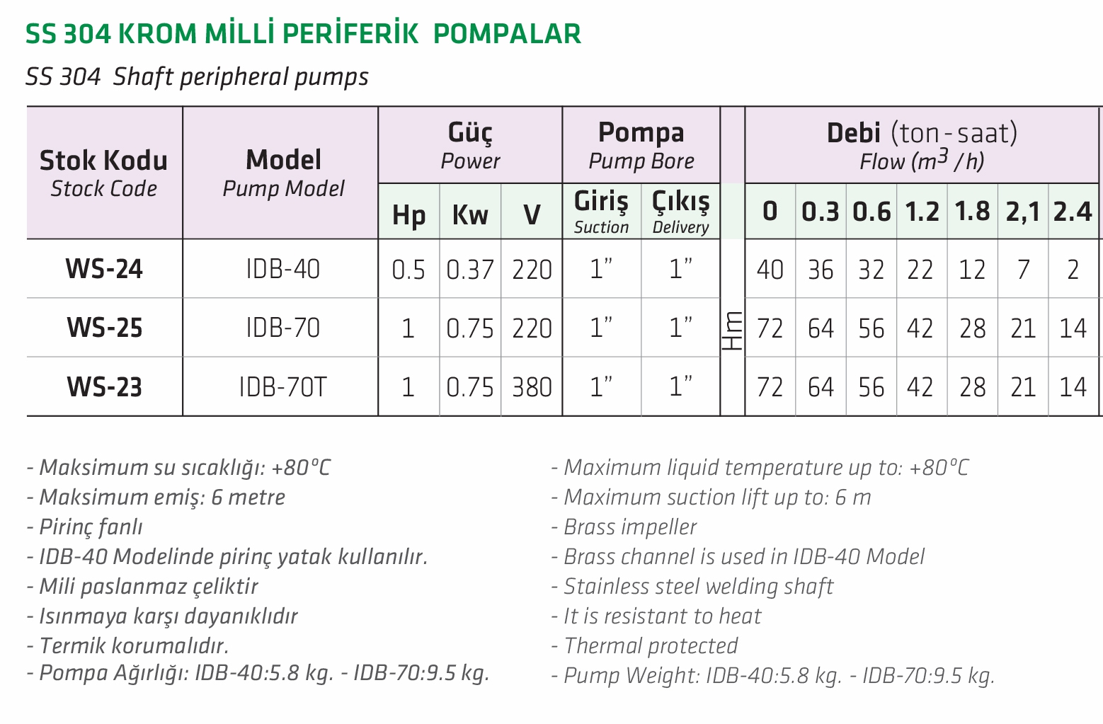 Water Sound IDB-70T 1 HP SS 304 Krom Milli Periferik Pompa