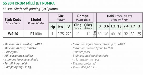 Water Sound JET100A SS 1 HP 304 Krom Milli Jet Pompa