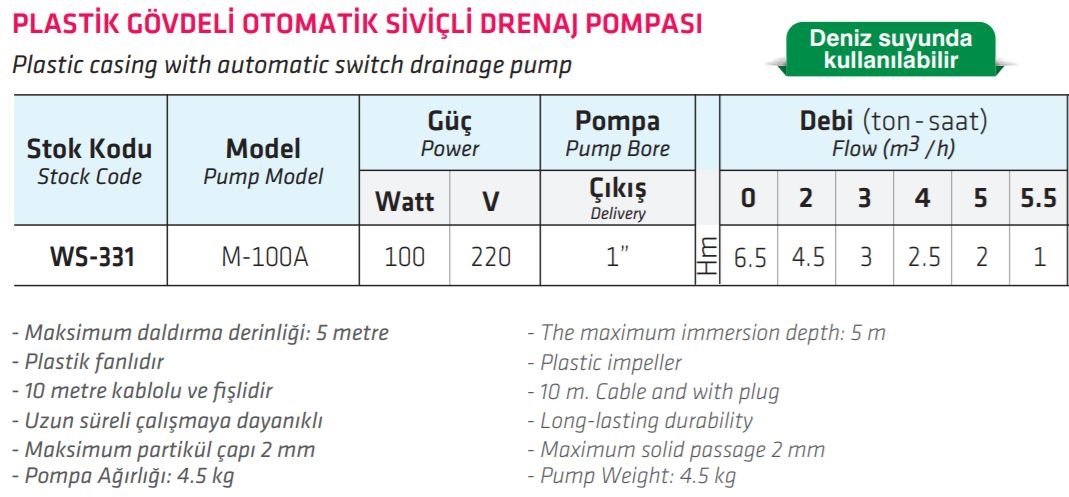 Water Sound M-100A Plastik Gövdeli Otomatik Siviçli Drenaj Pompası