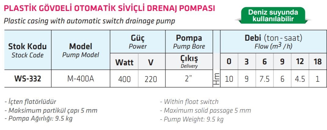 Water Sound M-400A Plastik Gövdeli Otomatik Siviçli Drenaj Pompası