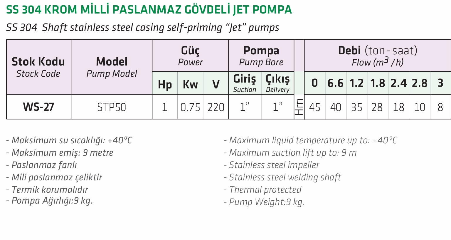 Water Sound STP50 1 HP SS 304 Krom Milli Paslanmaz Gövdeli Jet Pompa