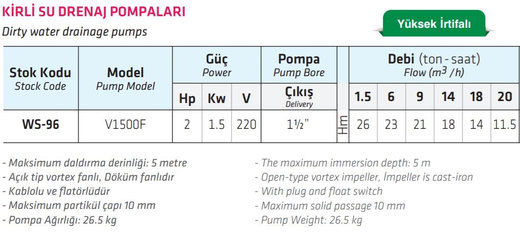 Water Sound V1500F 2 HP Kirli Su Drenaj Pompası